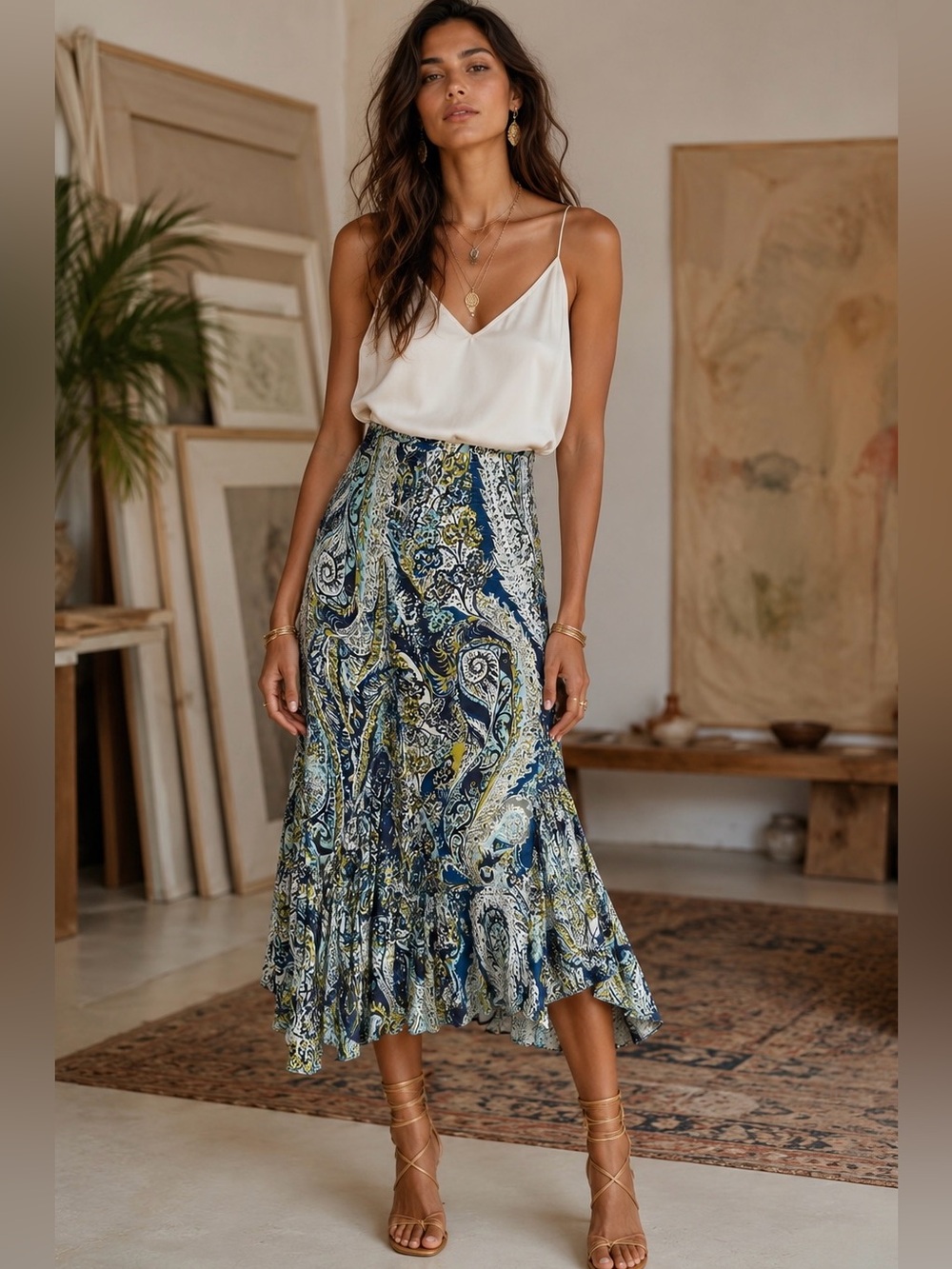 Vintage Y2K WD-NY 100% Silk Paisley Midi Skirt Size 6 Boho Ruffle Fluted Hem